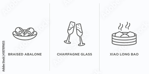 food and restaurant outline icons set. thin line icons such as braised abalone, champagne glass, xiao long bao vector. linear icon sheet can be used web and mobile