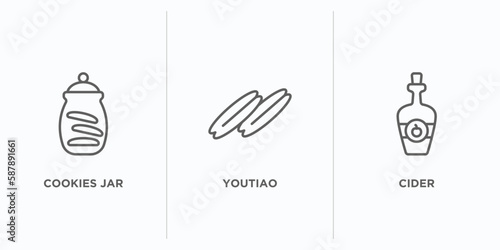 food and restaurant outline icons set. thin line icons such as cookies jar, youtiao, cider vector. linear icon sheet can be used web and mobile