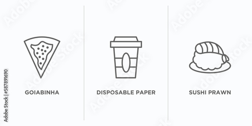 food outline icons set. thin line icons such as goiabinha, disposable paper cup, sushi prawn vector. linear icon sheet can be used web and mobile photo