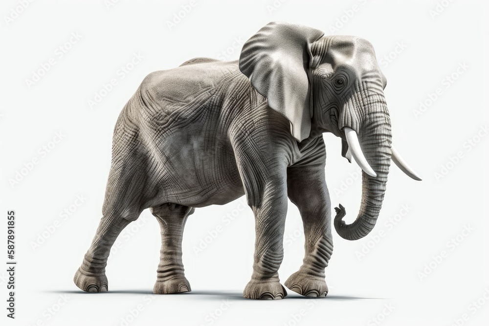 Illustration of an elephant standing confidently on a blank white background. Generative AI