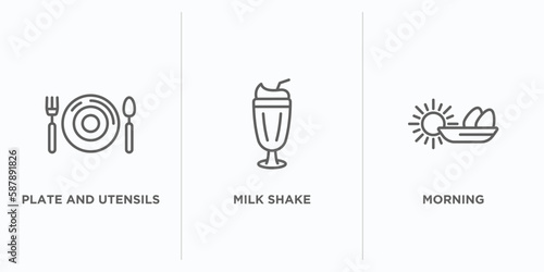 food outline icons set. thin line icons such as plate and utensils, milk shake, morning vector. linear icon sheet can be used web and mobile