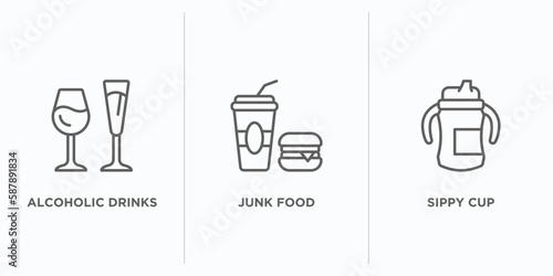 food outline icons set. thin line icons such as alcoholic drinks, junk food, sippy cup vector. linear icon sheet can be used web and mobile