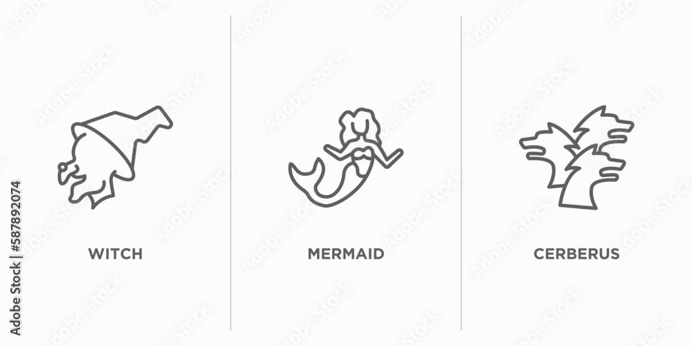 fairy tale outline icons set. thin line icons such as witch, mermaid, cerberus vector. linear icon sheet can be used web and mobile fairy tale outline icons set. thin line icons such as witch, mermaid, cerberus vector. linear icon sheet can be used web and mobile