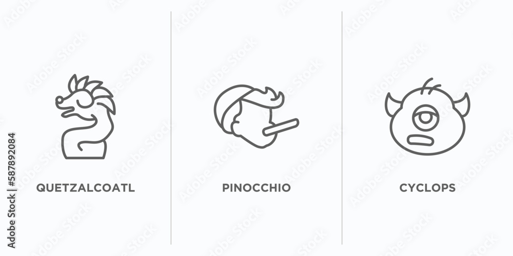 fairy tale outline icons set. thin line icons such as quetzalcoatl, pinocchio, cyclops vector. linear icon sheet can be used web and mobile