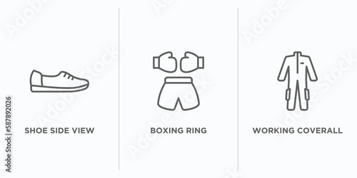 fashion outline icons set. thin line icons such as shoe side view, boxing ring, working coverall vector. linear icon sheet can be used web and mobile