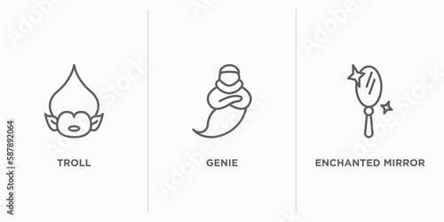 fairy tale outline icons set. thin line icons such as troll, genie, enchanted mirror vector. linear icon sheet can be used web and mobile