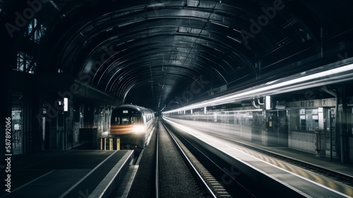 Photo of a train passing through a bustling train station at night created with Generative AI technology