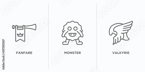fairy tale outline icons set. thin line icons such as fanfare, monster, valkyrie vector. linear icon sheet can be used web and mobile