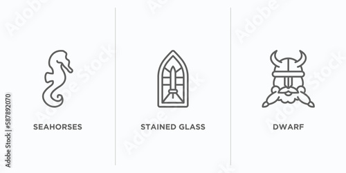 fairy tale outline icons set. thin line icons such as seahorses, stained glass, dwarf vector. linear icon sheet can be used web and mobile