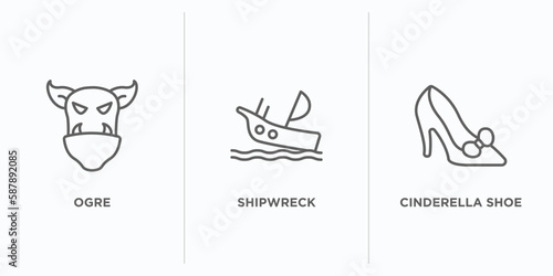 fairy tale outline icons set. thin line icons such as ogre, shipwreck, cinderella shoe vector. linear icon sheet can be used web and mobile