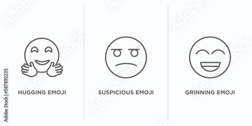 emoji outline icons set. thin line icons such as hugging emoji, suspicious emoji, grinning vector. linear icon sheet can be used web and mobile