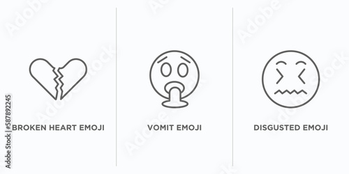 emoji outline icons set. thin line icons such as broken heart emoji, vomit emoji, disgusted vector. linear icon sheet can be used web and mobile