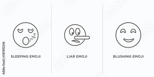 emoji outline icons set. thin line icons such as sleeping emoji, liar emoji, blushing vector. linear icon sheet can be used web and mobile