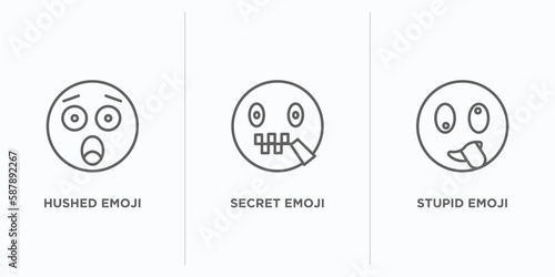 emoji outline icons set. thin line icons such as hushed emoji, secret emoji, stupid vector. linear icon sheet can be used web and mobile