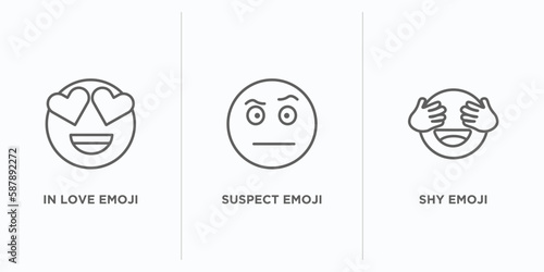 emoji outline icons set. thin line icons such as in love emoji, suspect emoji, shy vector. linear icon sheet can be used web and mobile