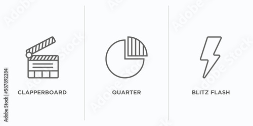 electronic stuff fill outline icons set. thin line icons such as clapperboard, quarter, blitz flash vector. linear icon sheet can be used web and mobile