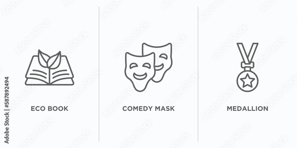education outline icons set. thin line icons such as eco book, comedy mask, medallion vector. linear icon sheet can be used web and mobile education outline icons set. thin line icons such as eco book, comedy mask, medallion vector. linear icon sheet can be used web and mobile