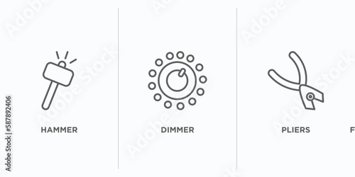 electrian connections outline icons set. thin line icons such as hammer, dimmer, pliers vector. linear icon sheet can be used web and mobile
