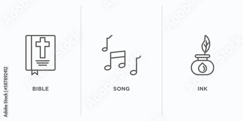 literature outline icons set. thin line icons such as bible, song, ink vector. linear icon sheet can be used web and mobile