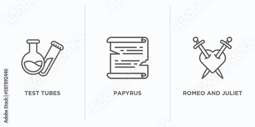 education outline icons set. thin line icons such as test tubes, papyrus, romeo and juliet vector. linear icon sheet can be used web and mobile