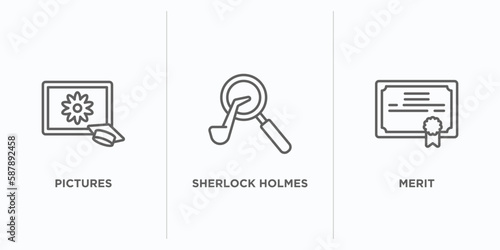 education outline icons set. thin line icons such as pictures, sherlock holmes, merit vector. linear icon sheet can be used web and mobile