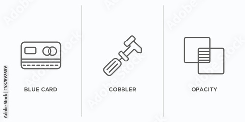edit tools outline icons set. thin line icons such as blue card, cobbler, opacity vector. linear icon sheet can be used web and mobile