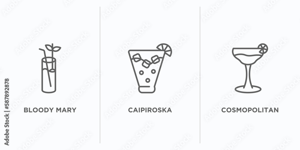 drinks outline icons set. thin line icons such as bloody mary, caipiroska, cosmopolitan vector. linear icon sheet can be used web and mobile drinks outline icons set. thin line icons such as bloody mary, caipiroska, cosmopolitan vector. linear icon sheet can be used web and mobile