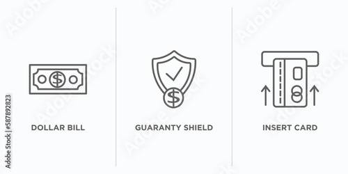 e commerce and payment outline icons set. thin line icons such as dollar bill, guaranty shield, insert card vector. linear icon sheet can be used web and mobile