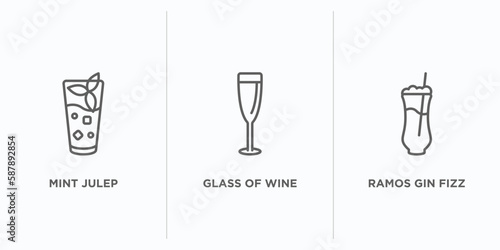 drinks outline icons set. thin line icons such as mint julep, glass of wine, ramos gin fizz vector. linear icon sheet can be used web and mobile