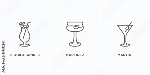 drinks outline icons set. thin line icons such as tequila sunrise, martinez, martini vector. linear icon sheet can be used web and mobile