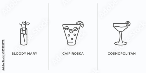 drinks outline icons set. thin line icons such as bloody mary, caipiroska, cosmopolitan vector. linear icon sheet can be used web and mobile