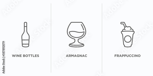 drinks outline icons set. thin line icons such as wine bottles, armagnac, frappuccino vector. linear icon sheet can be used web and mobile