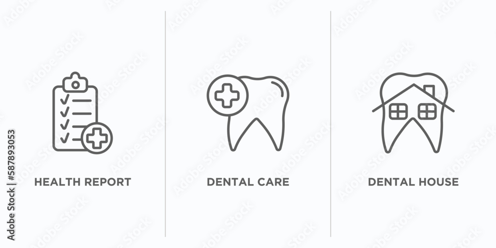 dentist outline icons set. thin line icons such as health report, dental care, dental house vector. linear icon sheet can be used web and mobile