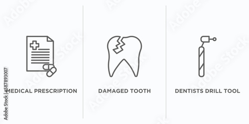 dentist outline icons set. thin line icons such as medical prescription, damaged tooth, dentists drill tool vector. linear icon sheet can be used web and mobile