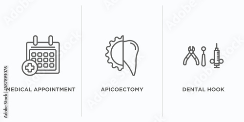 dentist outline icons set. thin line icons such as medical appointment, apicoectomy, dental hook vector. linear icon sheet can be used web and mobile