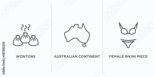 culture outline icons set. thin line icons such as wontons, australian continent, female bikini piece vector. linear icon sheet can be used web and mobile
