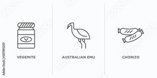 culture outline icons set. thin line icons such as vegemite, australian emu, chorizo vector. linear icon sheet can be used web and mobile