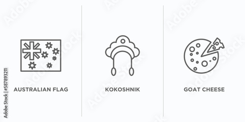 culture outline icons set. thin line icons such as australian flag, kokoshnik, goat cheese vector. linear icon sheet can be used web and mobile