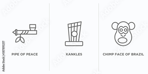 culture outline icons set. thin line icons such as pipe of peace, kankles, chimp face of brazil vector. linear icon sheet can be used web and mobile