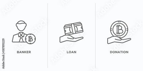 cryptocurrency outline icons set. thin line icons such as banker, loan, donation vector. linear icon sheet can be used web and mobile