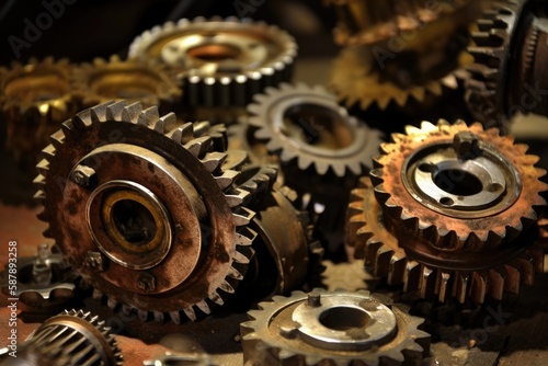 group of metallic gears arranged on a wooden surface. Generative AI
