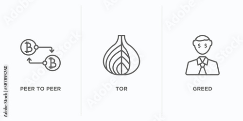 cryptocurrency outline icons set. thin line icons such as peer to peer, tor, greed vector. linear icon sheet can be used web and mobile