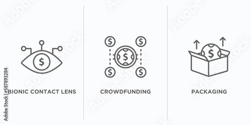 crowdfunding outline icons set. thin line icons such as bionic contact lens, crowdfunding, packaging vector. linear icon sheet can be used web and mobile