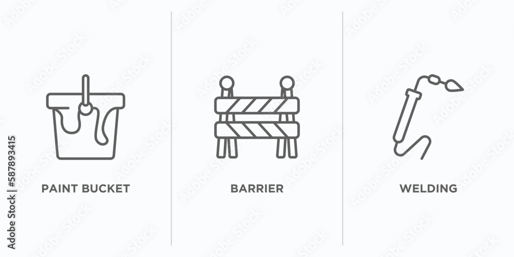 construction outline icons set. thin line icons such as paint bucket, barrier, welding vector. linear icon sheet can be used web and mobile construction outline icons set. thin line icons such as paint bucket, barrier, welding vector. linear icon sheet can be used web and mobile
