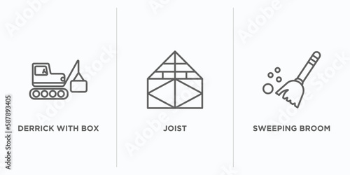 construction outline icons set. thin line icons such as derrick with box, joist, sweeping broom vector. linear icon sheet can be used web and mobile