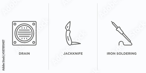 construction and tools outline icons set. thin line icons such as drain, jackknife, iron soldering vector. linear icon sheet can be used web and mobile