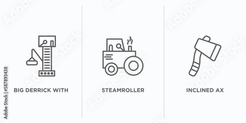 construction outline icons set. thin line icons such as big derrick with boxes, steamroller, inclined ax vector. linear icon sheet can be used web and mobile