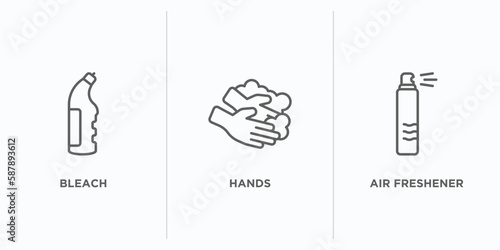 cleaning outline icons set. thin line icons such as bleach, hands, air freshener vector. linear icon sheet can be used web and mobile