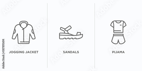 clothes outline icons set. thin line icons such as jogging jacket, sandals, pijama vector. linear icon sheet can be used web and mobile
