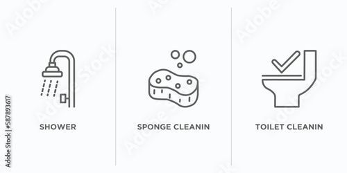 cleaning outline icons set. thin line icons such as shower, sponge cleanin, toilet cleanin vector. linear icon sheet can be used web and mobile